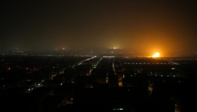 Flight of the Lion: Bashar al-Assad’s Last Stand A dramatic aerial view of Damascus at night, with faint explosions illuminating the skyline, symbolizing the chaos and uncertainty during Assad's escape.