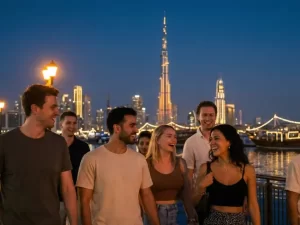 Expatriates enjoy a peaceful night stroll in Dubai, reflecting the UAE’s enduring sense of safety, normalcy, and vibrant city life even amid regional tensions.