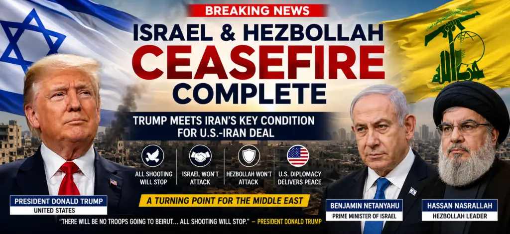 Trump Brokers Breakthrough: Israel–Hezbollah Ceasefire Signals Strategic Shift in Iran–U.S. Deal Israel Hezbollah Ceasefire Announced as Trump Meets Iran’s Key Condition for U.S. Deal