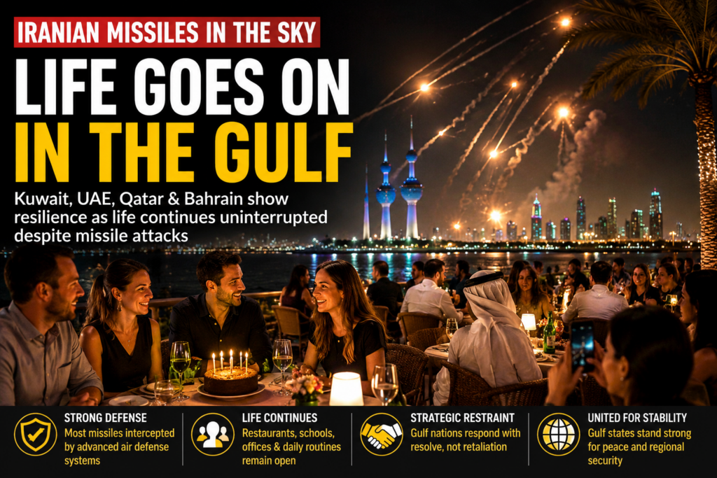 Gulf Resilience Under Iranian Missile Attacks: Gulf Cities Keep Living as Iranian Missiles Light Up the Night Sky Gulf Resilience Under Iranian Missile Attacks: Gulf Cities Keep Living as Iranian Missiles Light Up the Night Sky