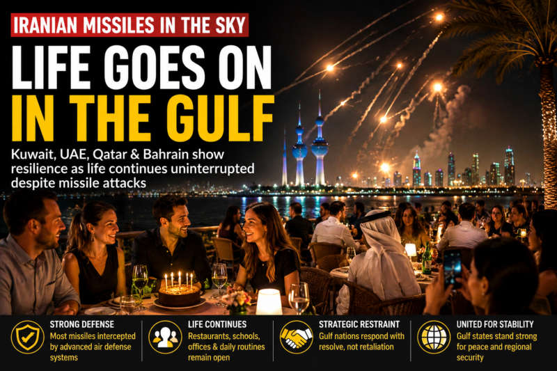 Gulf Resilience Under Iranian Missile Attacks: Gulf Cities Keep Living as Iranian Missiles Light Up the Night Sky Gulf Resilience Under Iranian Missile Attacks: Gulf Cities Keep Living as Iranian Missiles Light Up the Night Sky