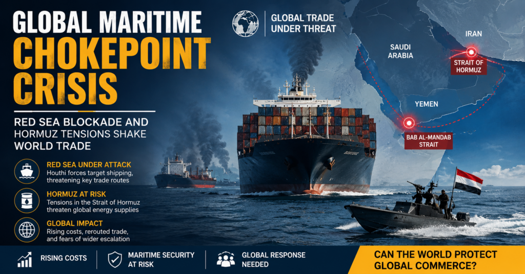 A New Maritime Crisis Unfolds as Red Sea Blockade Deepens Global Trade Risks Global maritime chokepoint crisis intensifies as Houthi attacks in the Red Sea and tensions in the Strait of Hormuz disrupt critical global shipping routes.