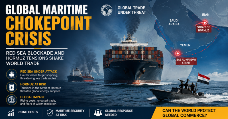 A New Maritime Crisis Unfolds as Red Sea Blockade Deepens Global Trade Risks Global maritime chokepoint crisis intensifies as Houthi attacks in the Red Sea and tensions in the Strait of Hormuz disrupt critical global shipping routes.