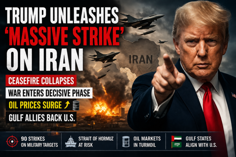 Trump Unleashes ‘Massive Strike’ on Iran as Ceasefire Collapses, War Enters Decisive Phase Trump Iran War Escalation: Trump orders nearly 90 U.S. strikes on Iranian military targets