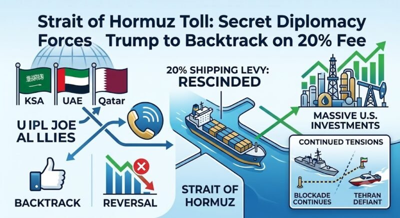 Infographic showing Gulf allies KSA, UAE, and Qatar uniting to convince Donald Trump to backtrack on the 20% Strait of Hormuz toll in exchange for U.S. investments.