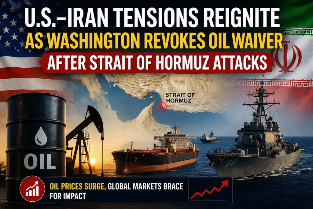 U.S.–Iran Tensions Reignite as Washington Revokes Oil Waiver After Strait of Hormuz Attacks U.S.-Iran Conflict Explodes Again—Oil Prices Surge, Global Markets React