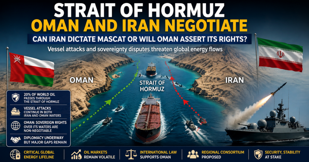 Oman–Iran Talks Test Control Over Strait of Hormuz as Sovereignty Dispute Deepens A strategic map of the Strait of Hormuz showing shipping lanes and surrounding territories of Oman and Iran.