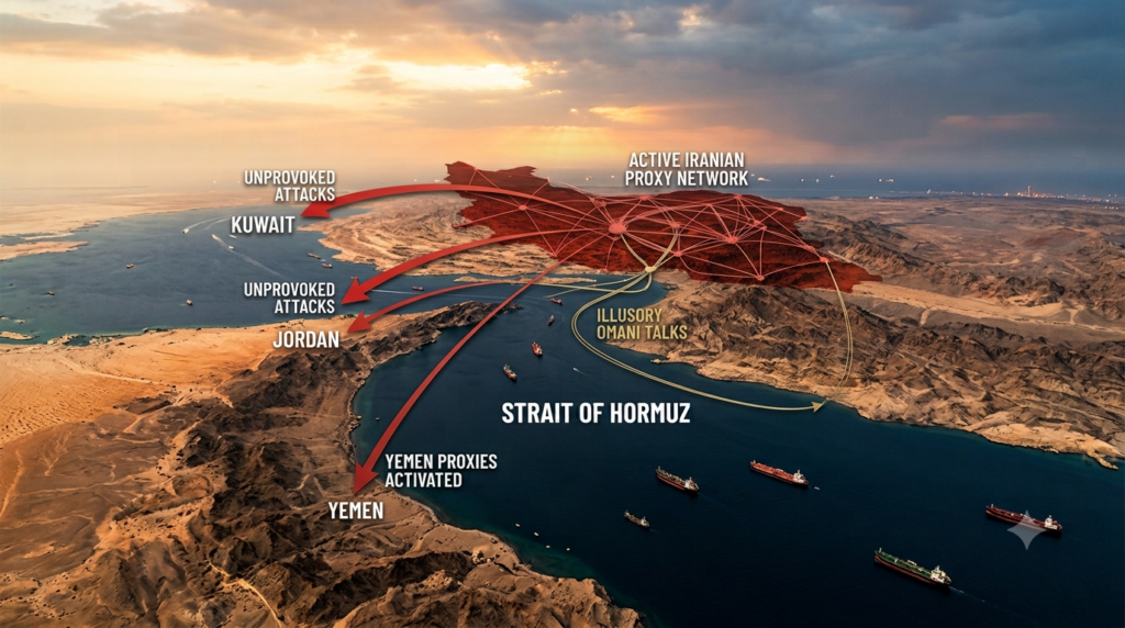 Iran Rejects Omani Strait Proposal, Strikes Jordan: Why Tehran’s Escalation Threatens Global Stability Map of the Strait of Hormuz showing maritime shipping transit routes between Iran and Oman