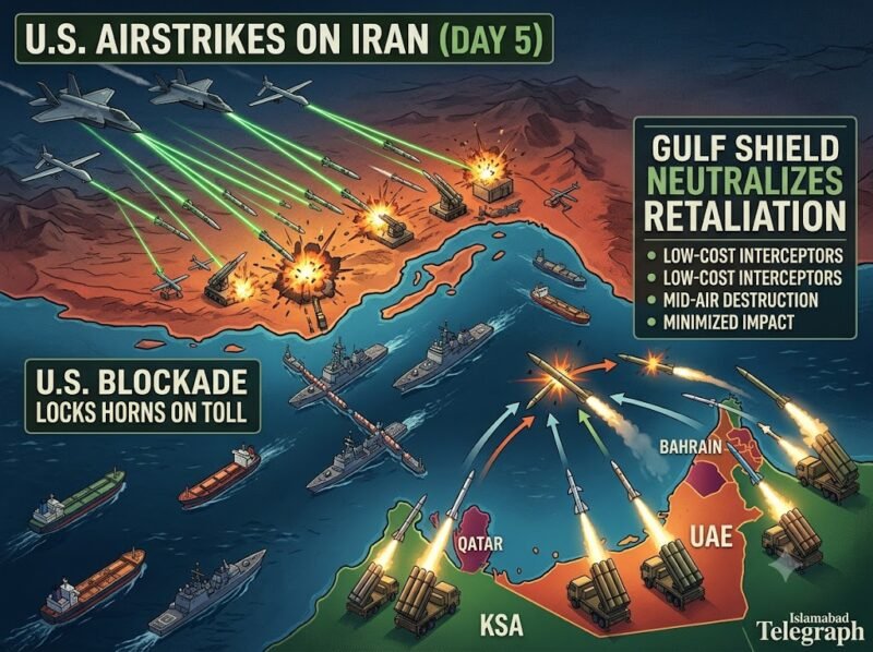 U.S. airstrikes on Iran entered their fifth consecutive day as American forces launched a ferocious overnight wave of laser-guided precision strikes targeting coastal defenses, drone launch depots, and fast-attack craft near the Strait of Hormuz.