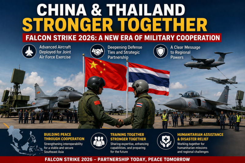 China’s Falcon Strike Signals a New Era of Military Partnership With Thailand China-Thailand military cooperation enters a new phase as Falcon Strike 2026 deploys J-10C fighters, Y-20 transport aircraft, air-defense systems and Chinese trainers to Thailand.