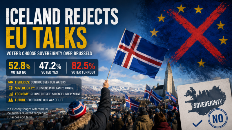 冰岛拒绝欧盟谈判:选民为何选择主权而非布鲁塞尔 Iceland EU referendum: Voters rejected reopening EU accession talks by 52.8% to 47.2%, with turnout reaching 82.5%.