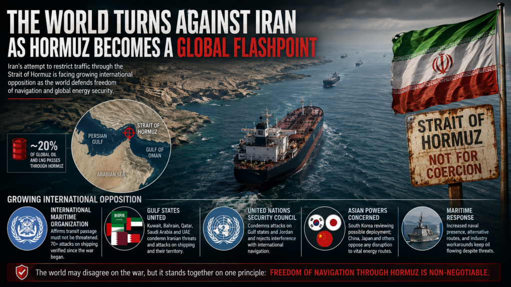 The World Turns Against Iran as Strait of Hormuz Becomes a Global Flashpoint Strait of Hormuz: Iran’s Hormuz strategy is facing growing international opposition as Gulf states and major energy-importing nations demand freedom of navigation.