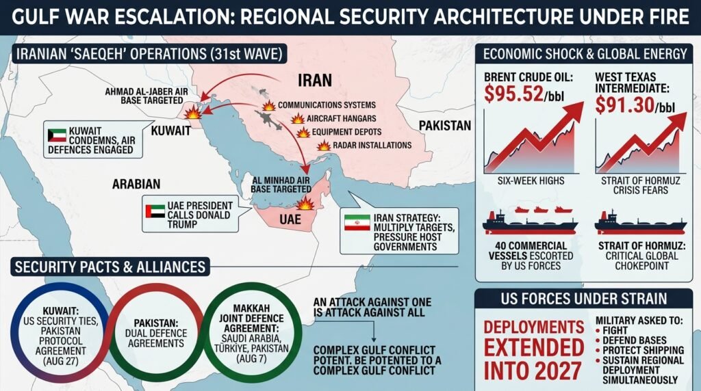 Iran Strikes Kuwait: Gulf War Escalation exposes host nations to direct Iranian missile and drone barrages targeting US military facilities.